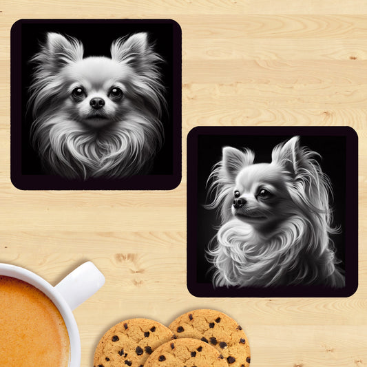 Chihuahua Long Hair - Black & White Coasters (Set of 2) Various Breed Colours