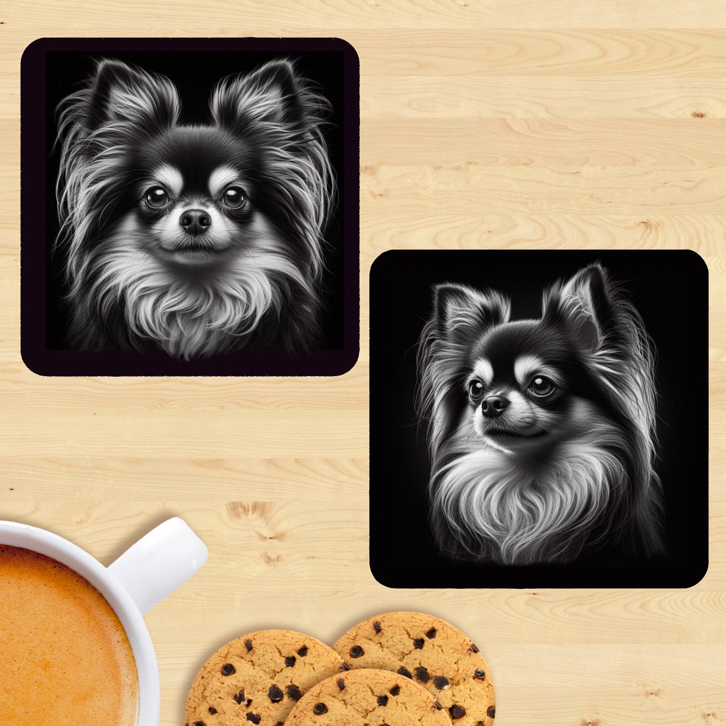 Chihuahua Long Hair - Black & White Coasters (Set of 2) Various Breed Colours