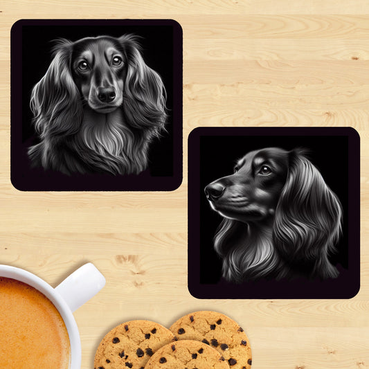 Dachshund Longhaired - Black & White Coasters (Set of 2)